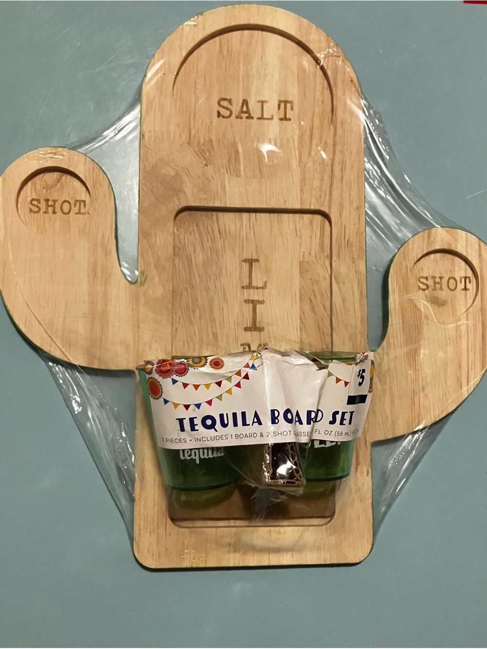 Cactus Tequila Serving Board Set with Green Shot Glasses